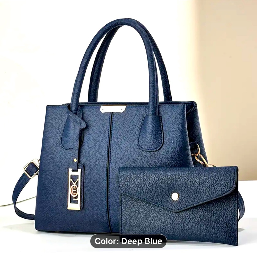 NEW Elegant Deep Blue Handbag Set gold hardware coin purse wallet